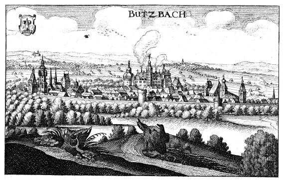 Zeichnung als Auszug aus der Topographia Hassiae von Matthäus Merian, 1655, zeigt die Stadt Butzbach als Tintenzeichnung von 1655