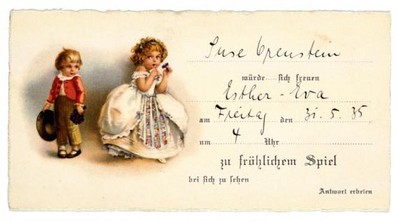 Invitation card "for merry play" to Esther-Eva Lewy