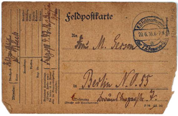 Feldpostkarte von Leo Baeck an Margarete Gerson