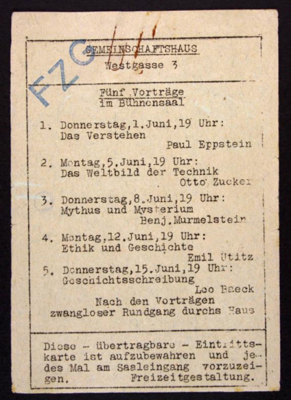 Ticket for lectures in the Community House of the Terezín Concentration Camp