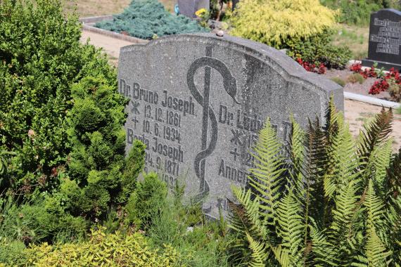 Gravestone of Bruno Joseph and his Framilie, in the center of the stone is depicted a staff of Asclepius