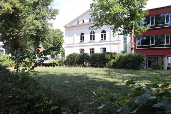 Rasenfläche mit Gebäuden im Hintergrund