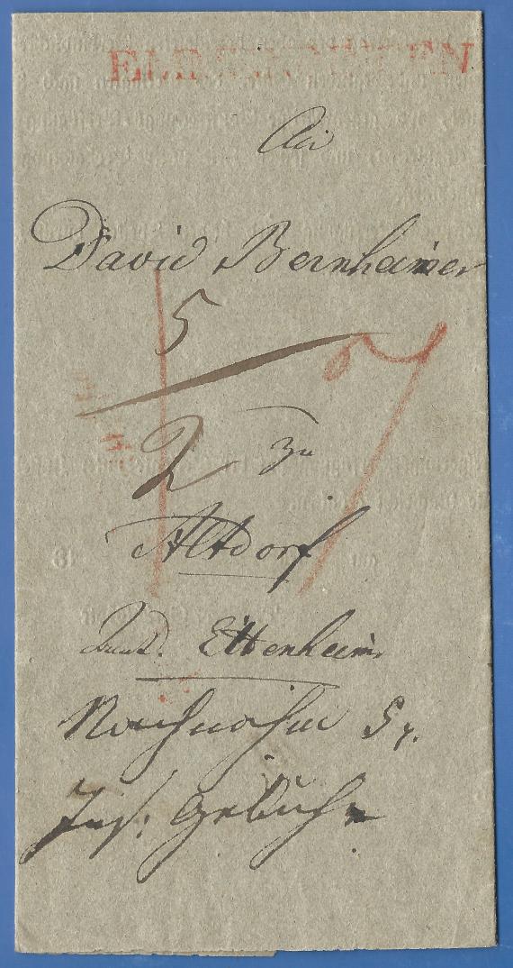 Official letter to David Bernheimer zu Altdorf, - mailed on April 2, 1842. On the upper edge is a red single-line postmark of Emmendingen. Below in old scroll writing the address " An David Bernheimer zu Altdorf - Amt Ettenheim. Below it again - COD 5 and in the last line hardly legible - presumably - .....: Fee