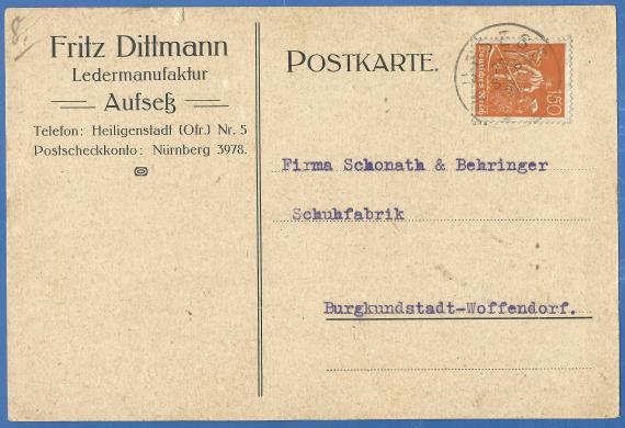 Geschäfts-Postkarte der Ledermanufaktur Fritz Dittmann, versandt am 28. September 1922