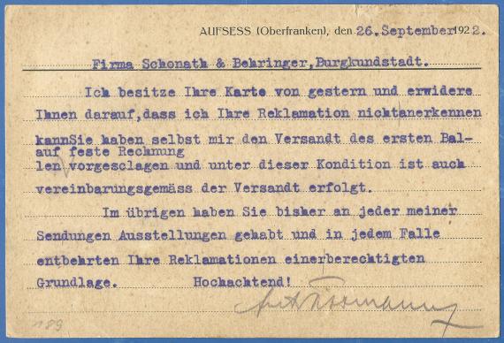 Business postcard of the leather manufacturer Fritz Dittmann, mailed on September 28, 1922 - back of card