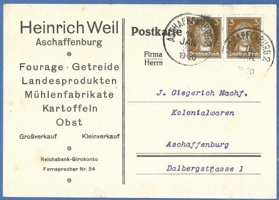 Business postcard of Landesprodukte-Großhandlung Heinrich Weil, mailed on January 16, 1920