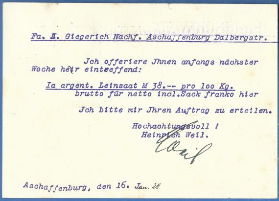 Business postcard of Landesprodukten-Großhandlung Heinrich Weil, mailed on January 16, 1920 - back of card