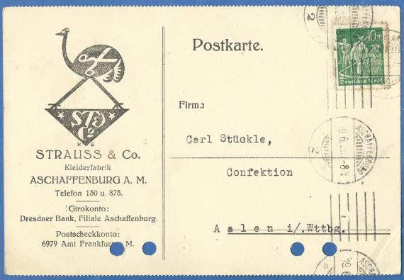 Geschäftspostkarte der Kleiderfabrik Strauss & Co, versandt am 19. Juni 1923