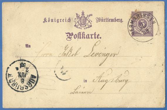 Postkarte geschäftlicher Art an Herrn Jakob Levinger, versandt am 8. Juni 1888 