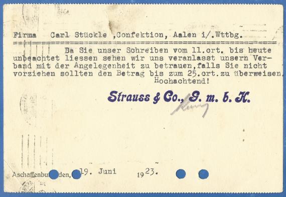 Geschäftspostkarte der Kleiderfabrik Strauss & Co, versandt am 19. Juni 1923 - Kartenrückseite