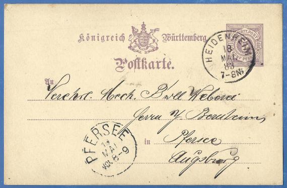 Postkarte geschäftlicher Art an die Mechanische Baumwoll-Weberei Isaak Bernheim, versandt am 18. Mai 1888