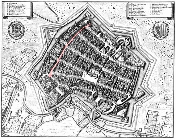 Alte Stadtkarte von Leipzig aus der Vogelperspektive. Westlich des Zentrums zeigt eine rote Linie, wo die ehemalige Judengasse verlaufen ist. 