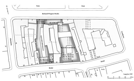 Lageplan des Leipziger Brühl um 1929