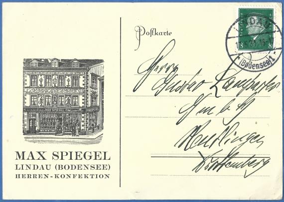 Geschäftspostkarte Max Spiegel, Herren-Konfektion Geschäftspostkarte Max Spiegel, Herren-Konfektion, versandt am 17. Mai 1931 - Ausschnittvergrößerung