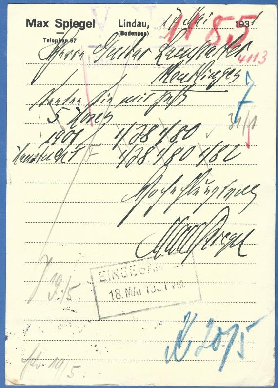 Geschäftspostkarte Max Spiegel, Herren-Konfektion Geschäftspostkarte Max Spiegel, Herren-Konfektion, versandt am 17. Mai 1931 - Kartenrückseite