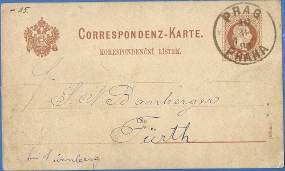 Postkarte geschäftlicher Art an die Firma  S. N. Bamberger, versandt am 10. August 1881