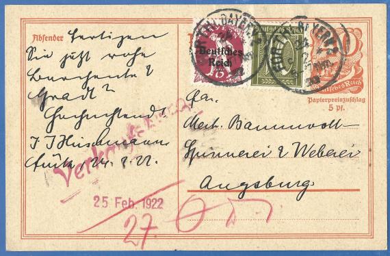 Postkarte geschäftlicher Art von J. J. Hirschmann, versandt am 24. Februar 1922, versandt am 24. Februar 1922 