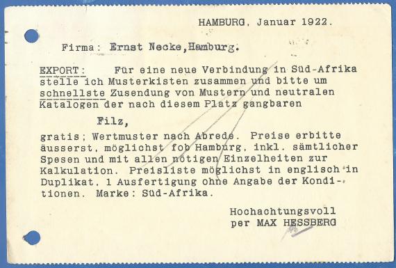 Business postcard Max Hessberg, mailed January 17, 1922 - back of card