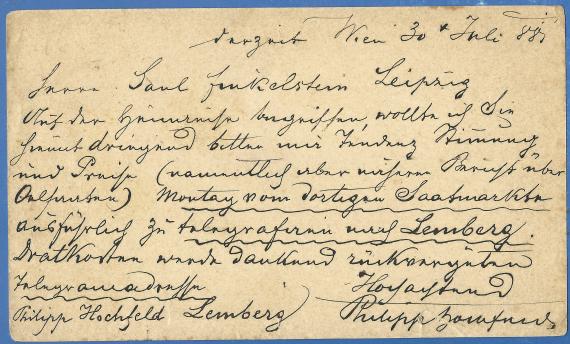 Postcard of a business nature to Mr. Saul Finkelstein, mailed July 30, 1881 - back of card