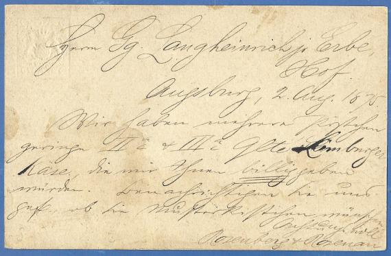 Postcard of a business nature from Rosenberg & Rosenau, mailed August 2, 1875 - back of card