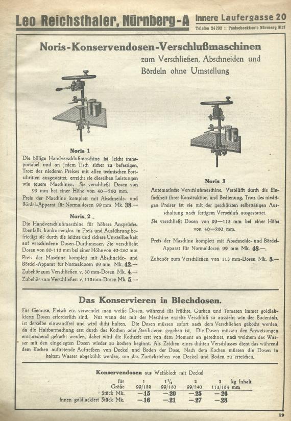 48seitiger, reich bebildeter Verkaufskatalog - Gartengeräte - Werkzeuge - Ausgabe 1934 von Leo Reichsthaler - Auszug aus dem Warensortiment,- Seite 19, zu sehen " Noris - Konservebdosen - Verschlußmaschinen " in verschiedene Ausführungen