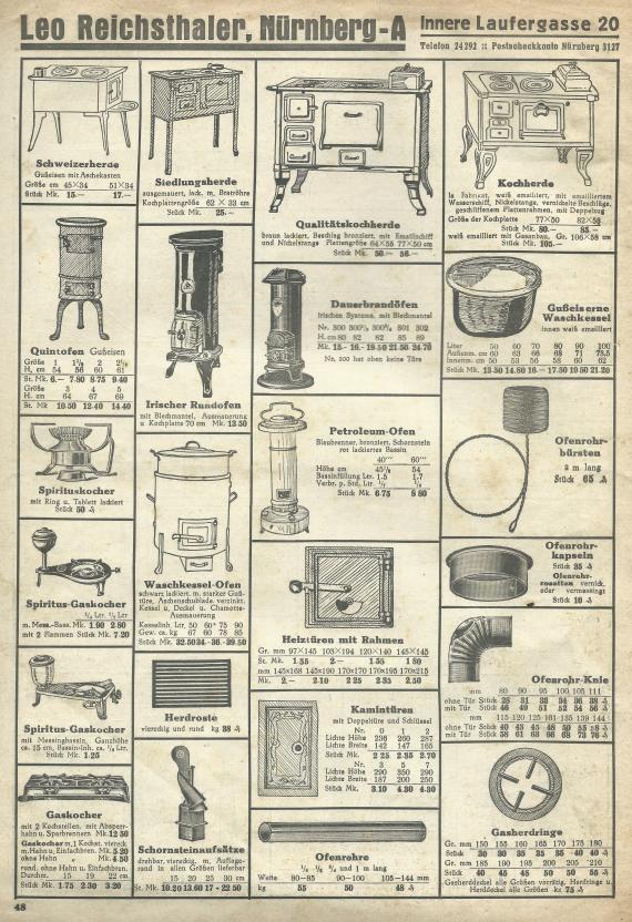 48-page, richly illustrated sales catalog - garden tools - tools - edition 1934 by Leo Reichsthaler - excerpt from the assortment of goods,- page 48
Back cover, - to see various household stoves, - e.g. - cooking stoves, settlement stoves, permanent fire stoves, Swiss stoves, Quintofen, Irish round stove, wash kettle stove, kerosene stove,Spirizuskocher, spirit gas stove, gas stove, stovepipes, fireplace doors, chimney tops, etc.