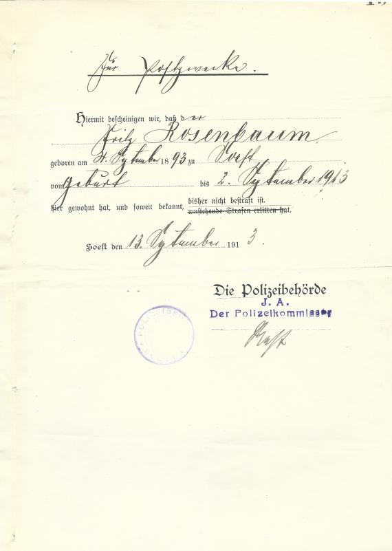 Polizeiliches Führungszeugnis für Fritz Rosenbaum, ausgestellt am 13. September 1913 in Soest