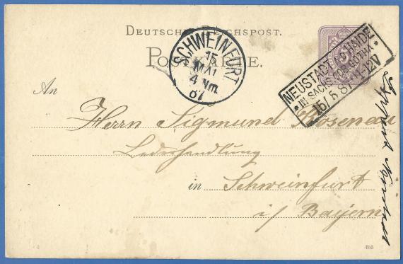 Postkarte geschäftlicher Art an Herrn Sigmund Rosenau, Lederhandlung, versandt am 15. Mai 1887