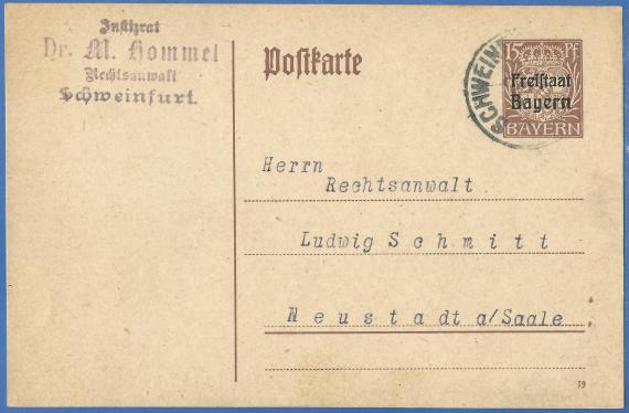 Postcard of a business nature from Justizrat Dr. Moses Hommel, mailed March 25, 1920