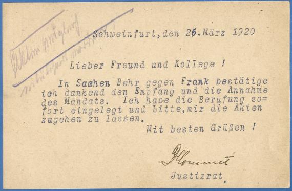 Postcard of a business nature from Justizrat Dr. Moses Hommel, mailed March 25, 1920 - back of card