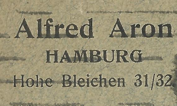 Briefumschlag von Alfred Aron, versandt am 19. Mai 1923 - Ausschnittvergrößerung - Absender-Adresse