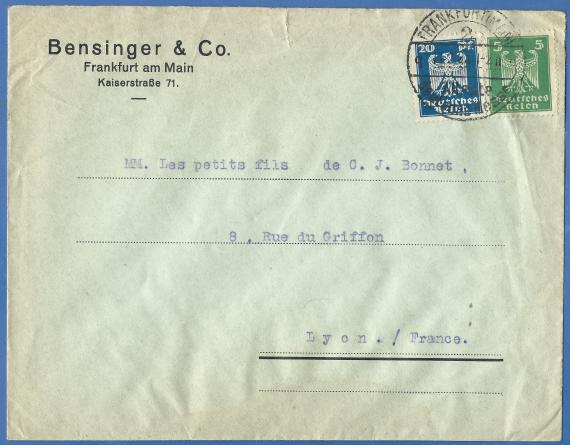 Geschäftsbriefkuvert von Bensinger & Co, versandt am 11. Februar 1924