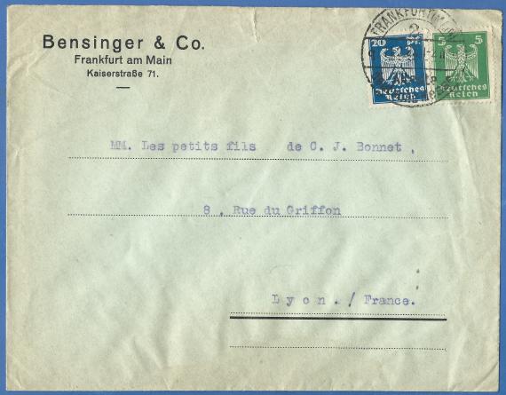 Geschäftsbriefkuvert von Bensinger & Co, versandt am 11. Februar 1924  