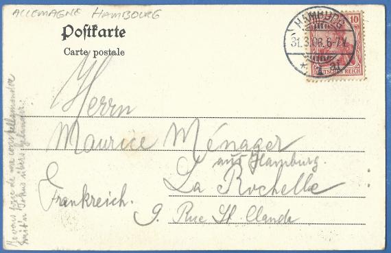 Picture postcard from the circle of Kurt Clavier, sent to Paris on March 31, 1906 - back of card