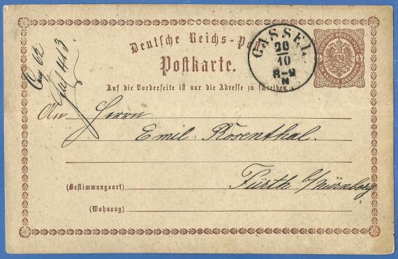 Postkarte an Herrn Emil Rosenthal Postkarte geschäftlicher Art am Herrn Emil Rosenthal, versandt am 20. Oktober 1874