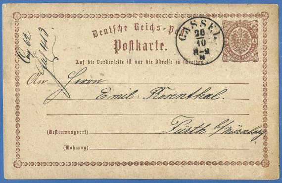 Postkarte geschäftlicher Art am Herrn Emil Rosenthal, versandt am 20. Oktober 1874