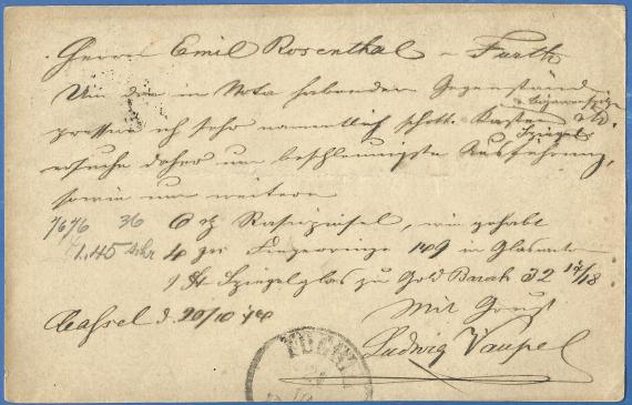 Postcard of a business nature to Mr. Emil Rosenthal, mailed October 20, 1874 - back of card