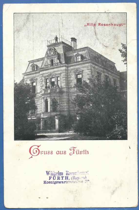 Historische Ansichtskarte "Gruß aus Fürth" mit der "Villa Rosenhaupt", versandt von Wilhelm Rosenhaupt am 2. Dezember 1898