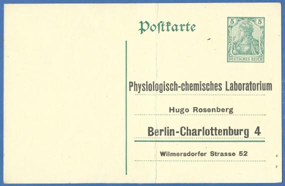 Geschäfts-Postkarte " Physiologisch-chemisches Laboratorium Hugo Rosenberg " -  aus der Zeit um 1910  