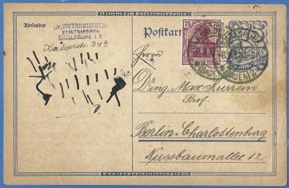 Private Postkarte an Herrn Prof. Dr. Ing. Max Kurrein, versandt am 8. September 1922