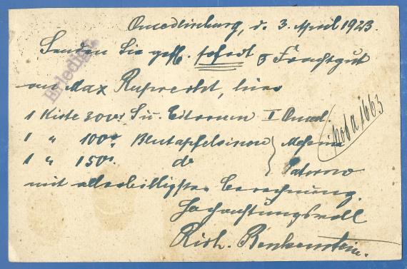 Postkarte geschäftlicher Art an Herrn Giulio Hochfeld, versandt am 4. April 1923  -  Kartenrückseite