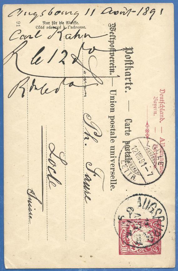 Postcard of a business nature from Carl Kahn, mailed to Locle, Switzerland, August 11, 1891.