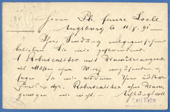 Postcard of a business nature from Carl Kahn, mailed to Locle in Switzerland on August 11, 1891 - back of card