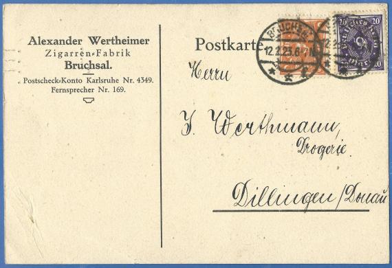 Geschäftspostkarte der Zigarren-Fabrik Alexander Wertheimer, versandt am 12. Februar 1923  -  Ausschnittvergrößerung Firmenadresse