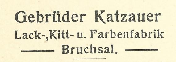 Geschäftspostkarte der Lack-, Kitt- und Farbenfabrik Gebrüder Katzauer, - versandt am 6. April 1914  -  Ausschnittvergrößerung Firmenadresse