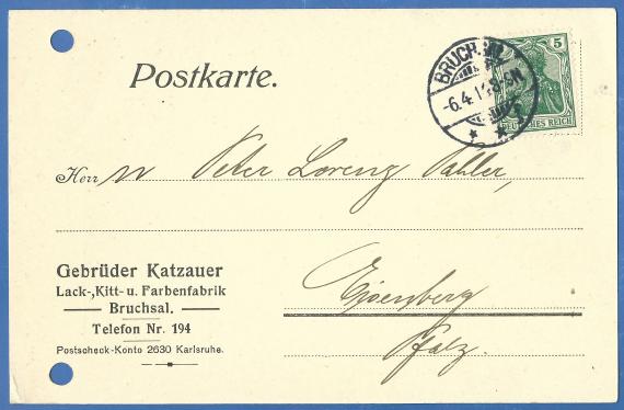 Geschäftspostkarte der Lack-, Kitt- und Farbenfabrik Gebrüder Katzauer, - versandt am 6. April 1914  