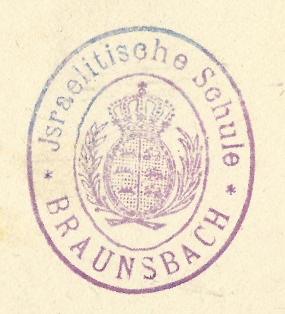 Postkarte mit dem Stempel der israelitischen Schule Braunsbach  aus der Zeit um 1920  -  Ausschnittvergrößerung Schulstempel