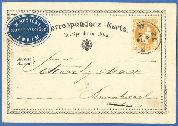 Postkarte geschäftlicher Art an Herrn Moritz Marx, versandt am 20. September 1872