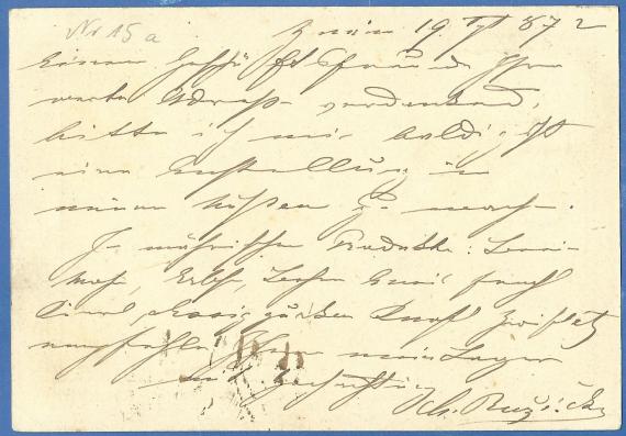 Postkarte an Moritz Marx Postcard of a business nature to Mr. Moritz Marx, mailed September 20, 1872 - back of card