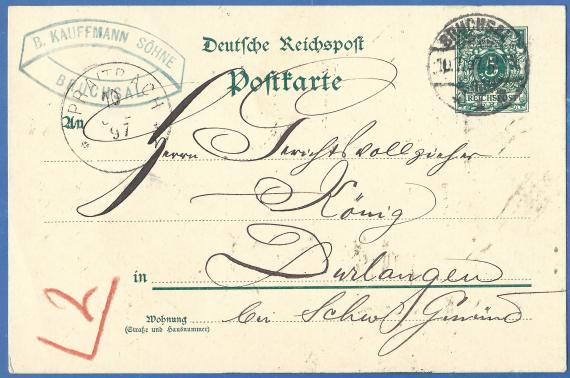 Postkarte geschäftlicher Art von der Hopfenhandlung B. Kauffmann Söhne, versandt am 10. Juli 1897 